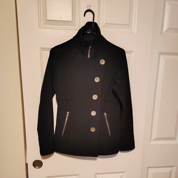 PrAna Asymmetrical Button Front Black Pea coat Soft Shell Jacket Water Repellant - Picture 6 of 15